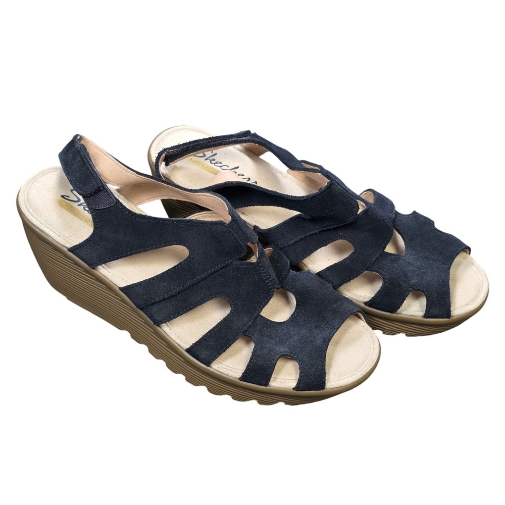 Skechers Rumblers Wedge Sandals Women's Size 8.5 Navy Blue Suede Memory Foam